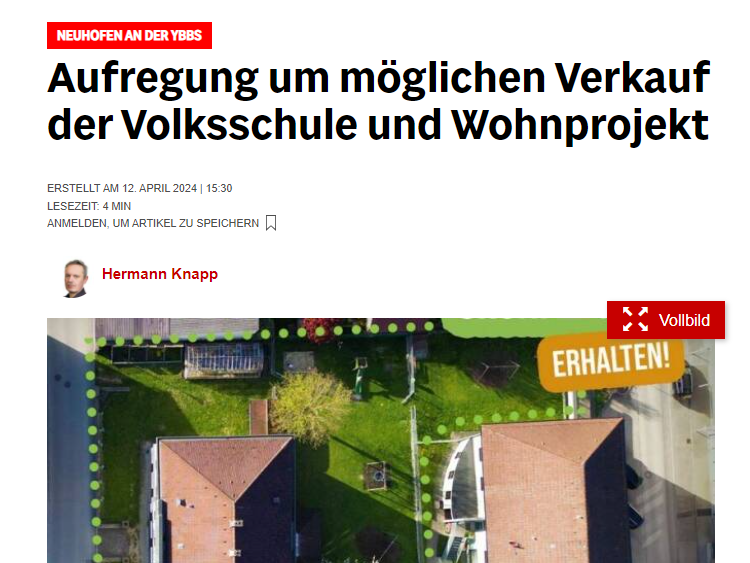 Nön berichtet Petition Neuhofen an der Ybbs gegen Bodenversiegelung. Rettet die Grünflächen und Altbestand. Alte Volksschule.